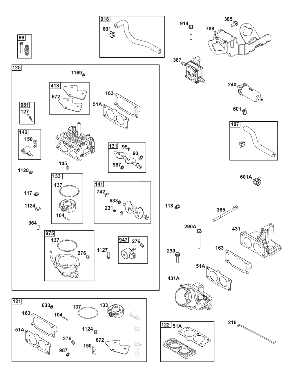 Carburetor And Fuel Supply Group Diagram and Parts List for 543477-3310-J1 400000 - 699999 Briggs and Stratton Engine